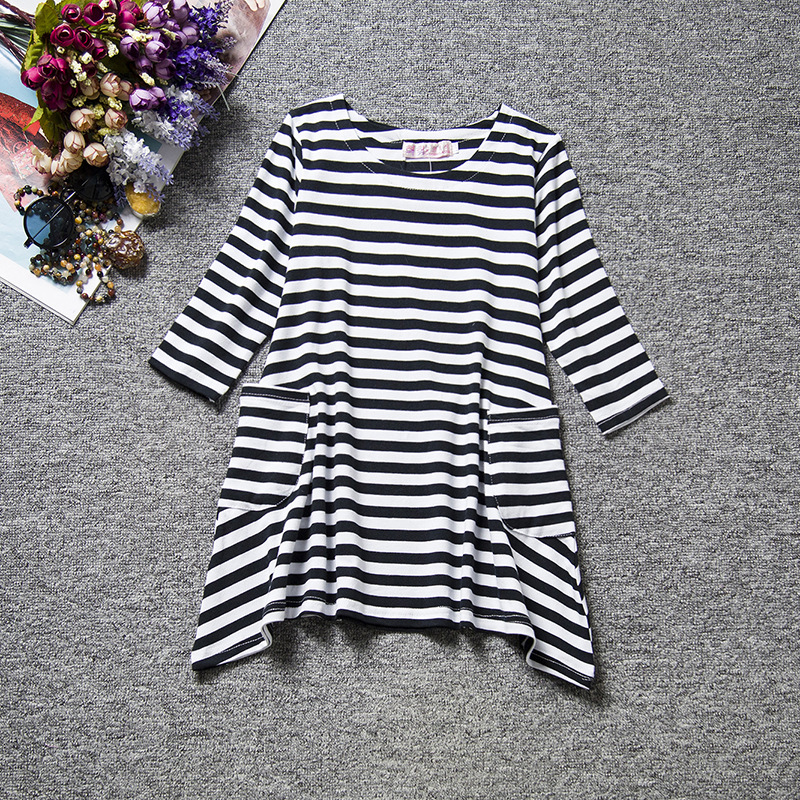 F68100 fashion big pocket  long sleeve black white striped family clothes dress